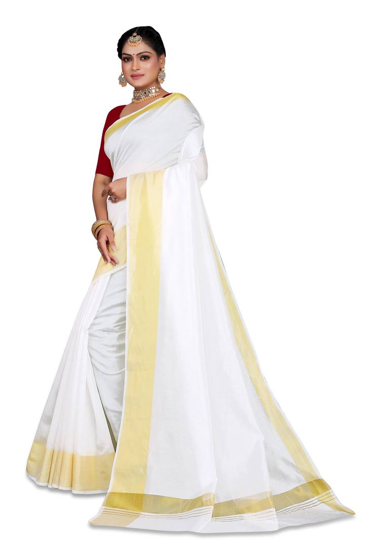 Kasavu Kerala Solid Cotton White And Gold Traditional Saree