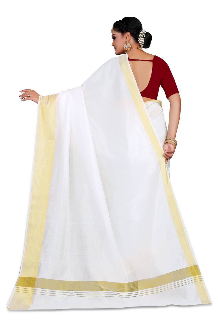Kasavu Kerala Solid Cotton White And Gold Traditional Saree