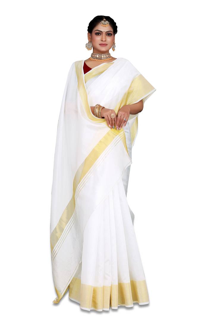 Kasavu Kerala Solid Cotton White And Gold Traditional Saree