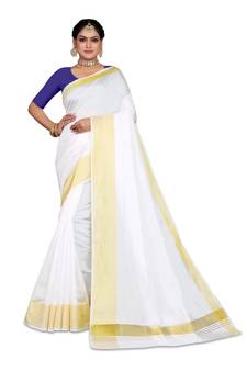 Kasavu Kerala Solid Cotton White And Gold Traditional Saree