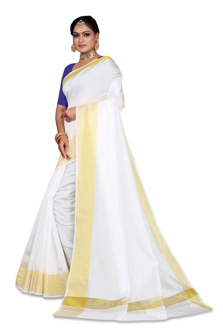 Kasavu Kerala Solid Cotton White And Gold Traditional Saree