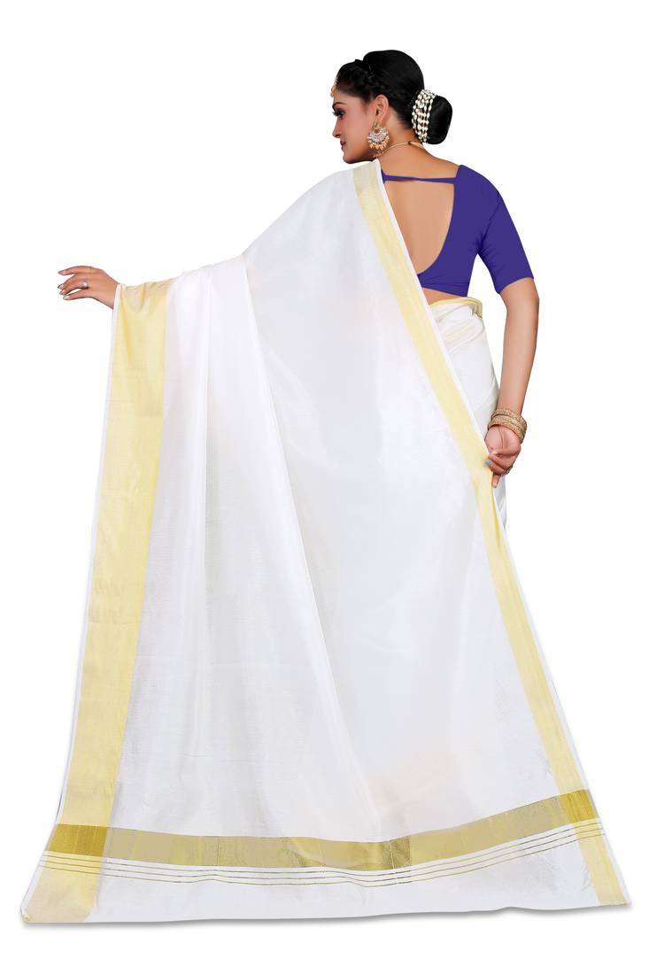 Kasavu Kerala Solid Cotton White And Gold Traditional Saree