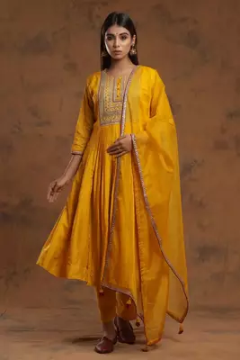Sequence Embroidered Mustard Yellow Pure Chanderi Silk Flare Kurta With Pant & Dupatta Set 1