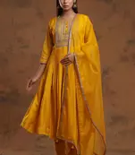 Sequence Embroidered Mustard Yellow Pure Chanderi Silk Flare Kurta With Pant & Dupatta Set