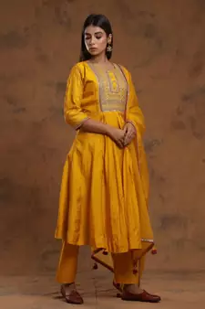 Sequence Embroidered Mustard Yellow Pure Chanderi Silk Flare Kurta With Pant & Dupatta Set