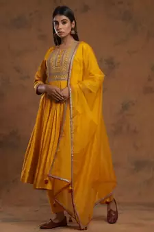 Sequence Embroidered Mustard Yellow Pure Chanderi Silk Flare Kurta With Pant & Dupatta Set