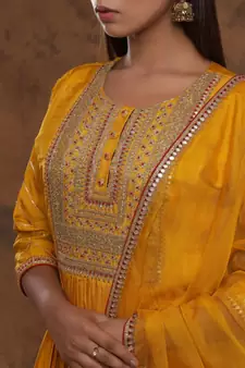 Sequence Embroidered Mustard Yellow Pure Chanderi Silk Flare Kurta With Pant & Dupatta Set