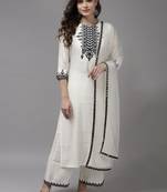 White Embroidered Viscose Rayon Fabric Kurta With Palazzo & Dupatta Set