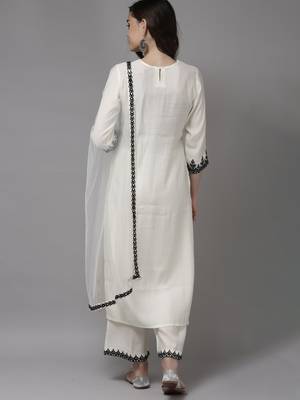 White Embroidered Viscose Rayon Fabric Kurta With Palazzo & Dupatta Set 2
