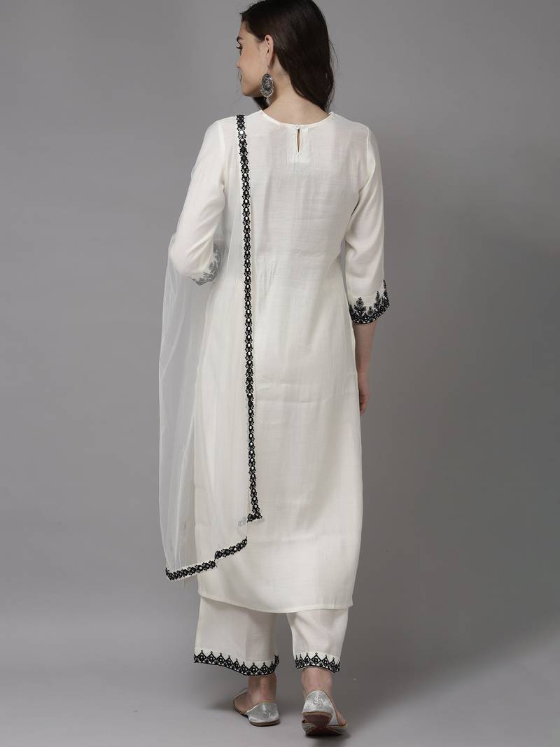 White Embroidered Viscose Rayon Fabric Kurta With Palazzo & Dupatta Set