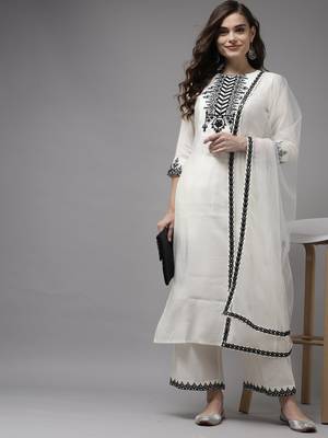White Embroidered Viscose Rayon Fabric Kurta With Palazzo & Dupatta Set 4