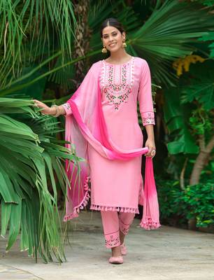Pink Paper Mirror Embroidery Work Kurta with Pant and Dupatta Set 1