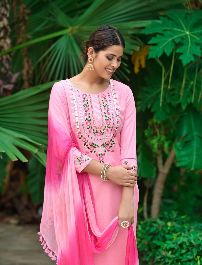 Pink Paper Mirror Embroidery Work Kurta with Pant and Dupatta Set