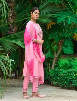 Pink Paper Mirror Embroidery Work Kurta with Pant and Dupatta Set 3