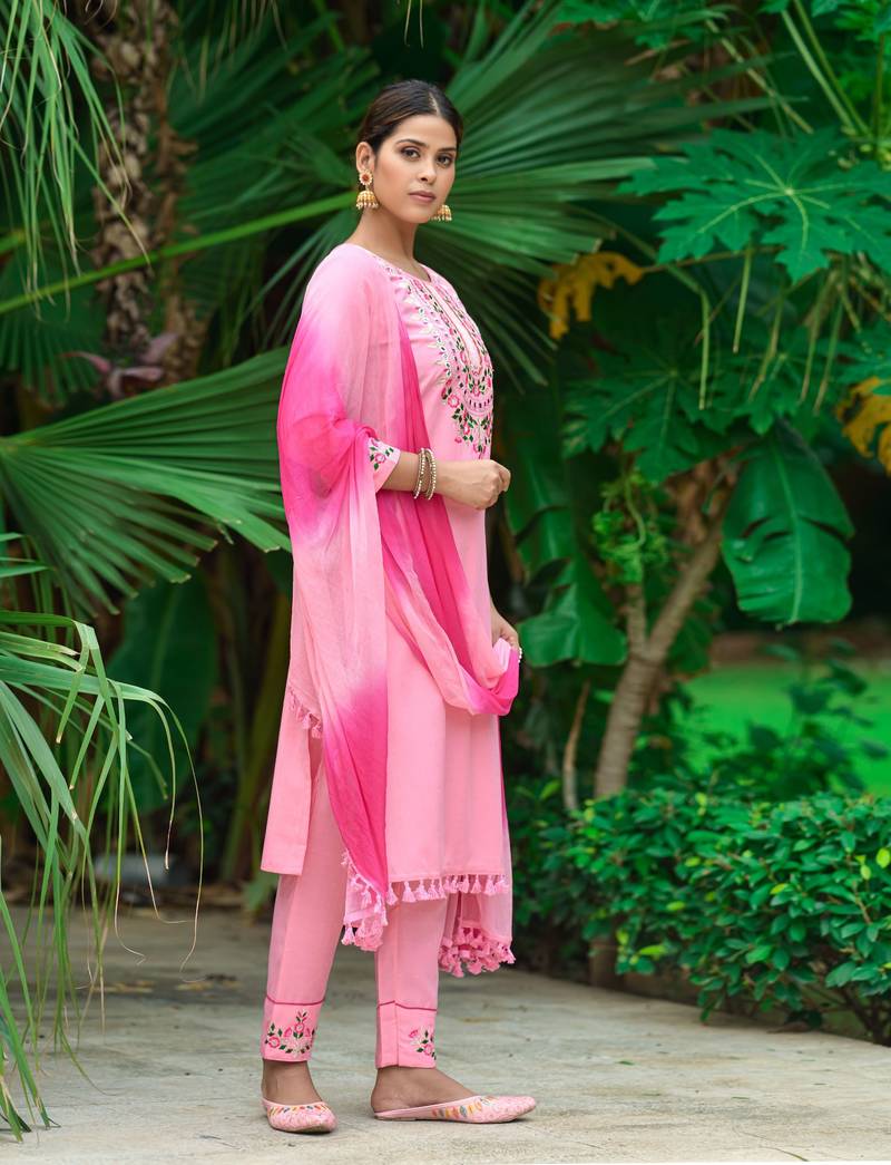 Pink Paper Mirror Embroidery Work Kurta with Pant and Dupatta Set