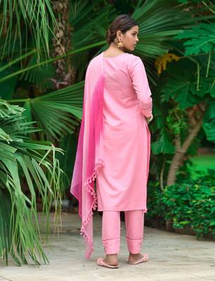 Pink Paper Mirror Embroidery Work Kurta with Pant and Dupatta Set 4