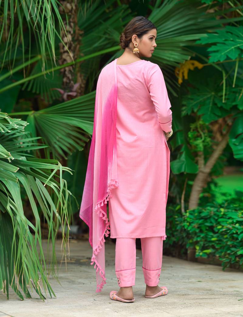 Pink Paper Mirror Embroidery Work Kurta with Pant and Dupatta Set