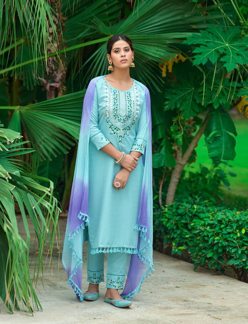 Women Pure Cotton Embroidery Blue Kurta With Pant And Dupatta main image 1