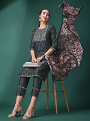 Grey Embroidery Sequence Work Viscose Rayon Kurta, Pant and Dupatta Set 1