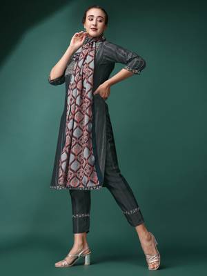 Grey Embroidery Sequence Work Viscose Rayon Kurta, Pant and Dupatta Set 2