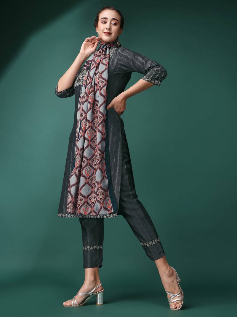 Grey Embroidery Sequence Work Viscose Rayon Kurta, Pant and Dupatta Set