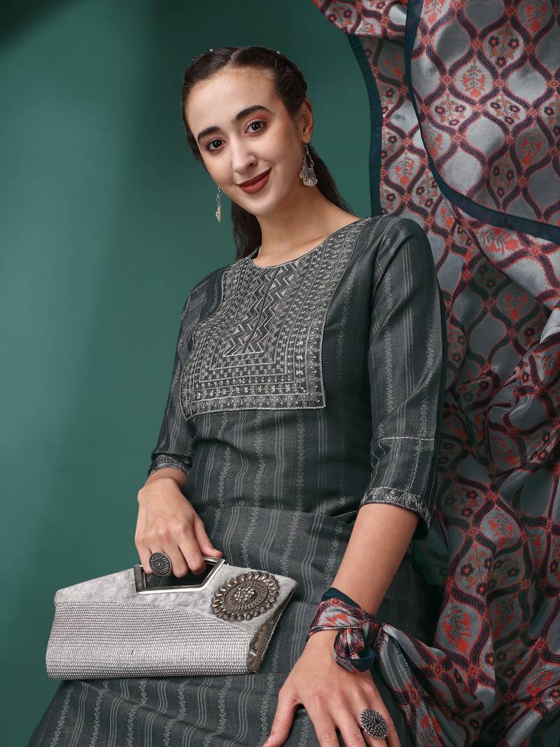 Grey Embroidery Sequence Work Viscose Rayon Kurta, Pant and Dupatta Set