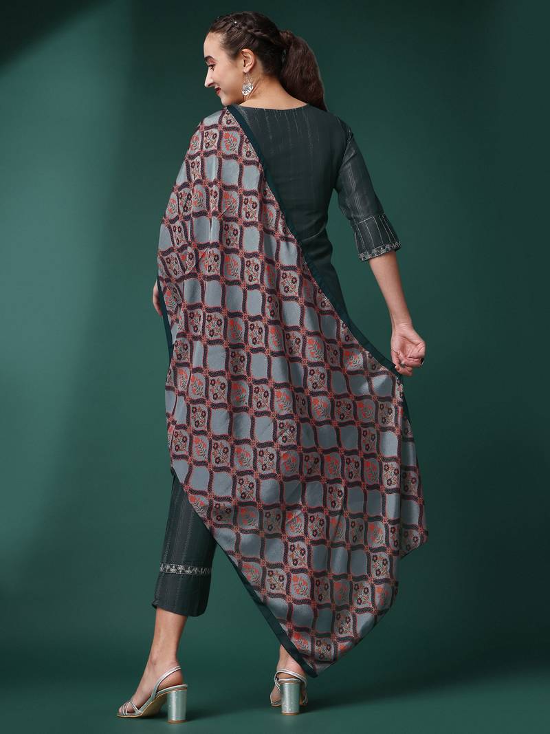 Grey Embroidery Sequence Work Viscose Rayon Kurta, Pant and Dupatta Set