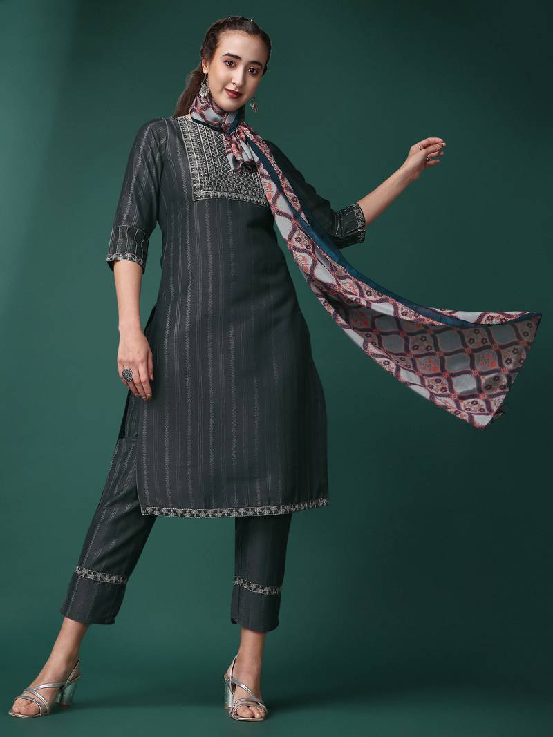 Grey Embroidery Sequence Work Viscose Rayon Kurta, Pant and Dupatta Set