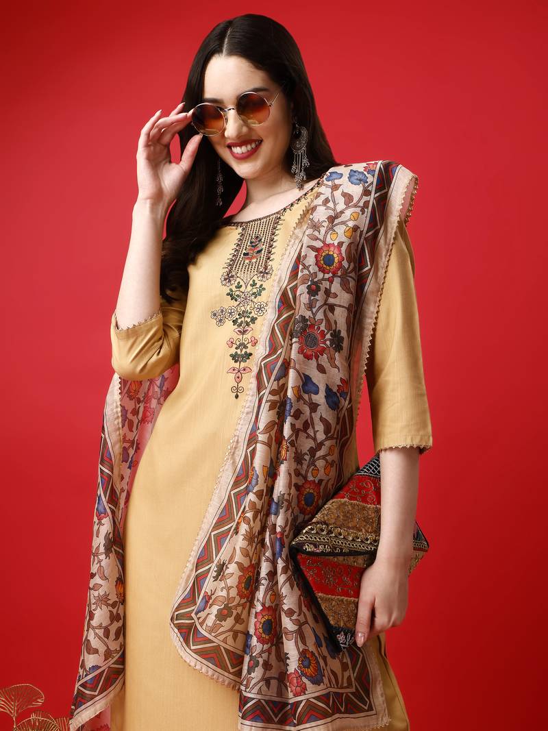 Yellow Cotton Printed Kurta Pant Set with Dupatta Plus Size-200067