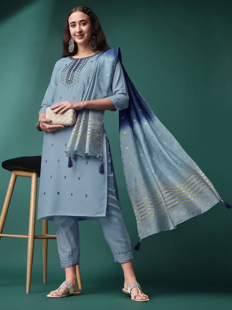 Grey Embroidered Sequence Slub Rayon Kurta Pant with Jacquard Dupatta Set