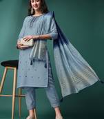 Grey Embroidered Sequence Slub Rayon Kurta Pant with Jacquard Dupatta Set
