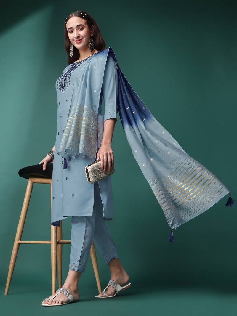 Grey Embroidered Sequence Slub Rayon Kurta Pant with Jacquard Dupatta Set