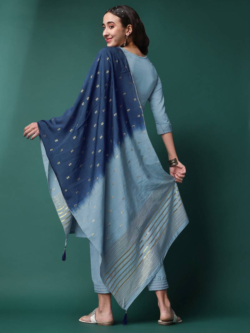 Grey Embroidered Sequence Slub Rayon Kurta Pant with Jacquard Dupatta Set