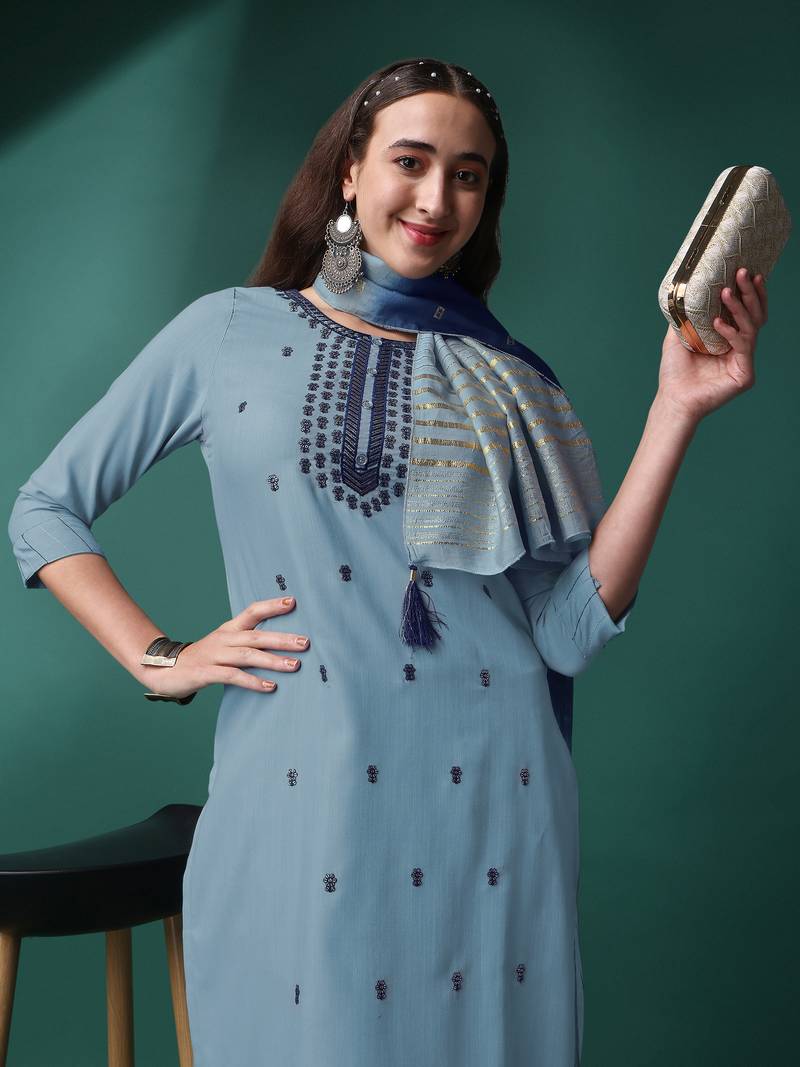 Grey Embroidered Sequence Slub Rayon Kurta Pant with Jacquard Dupatta Set