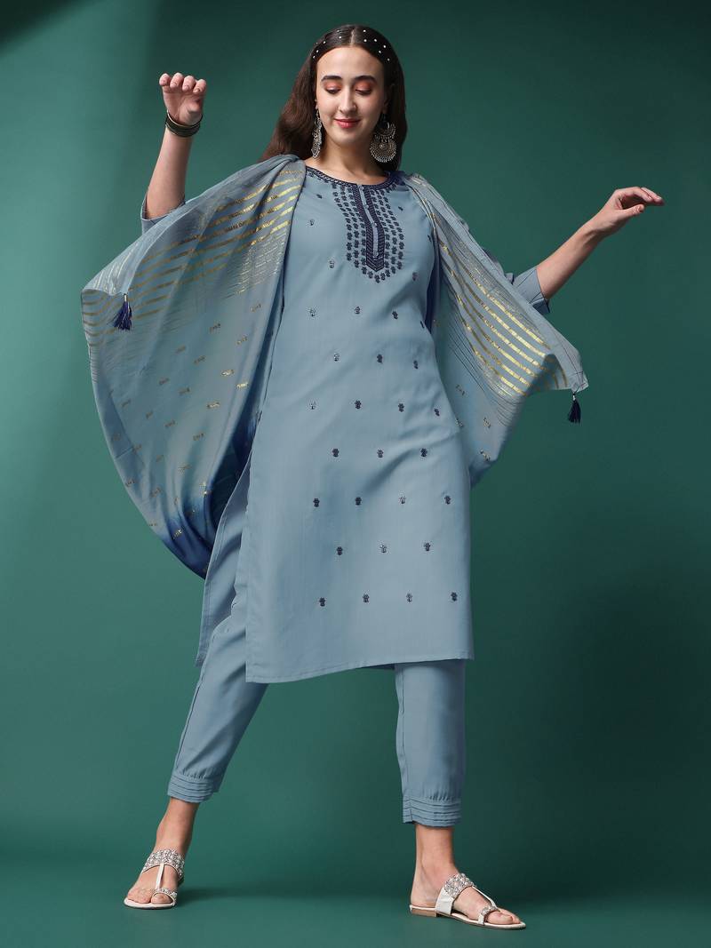 Grey Embroidered Sequence Slub Rayon Kurta Pant with Jacquard Dupatta Set