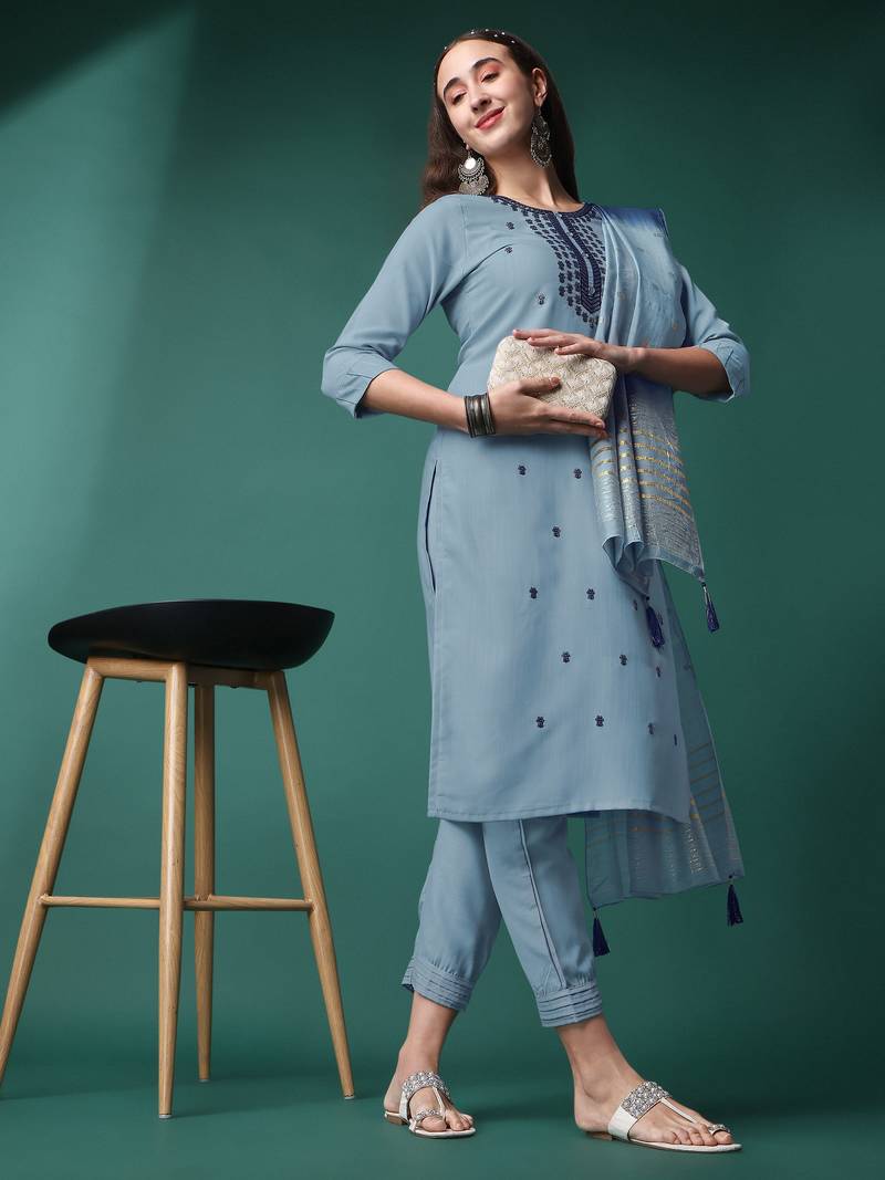 Grey Embroidered Sequence Slub Rayon Kurta Pant with Jacquard Dupatta Set