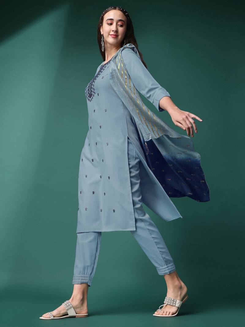 Grey Embroidered Sequence Slub Rayon Kurta Pant with Jacquard Dupatta Set