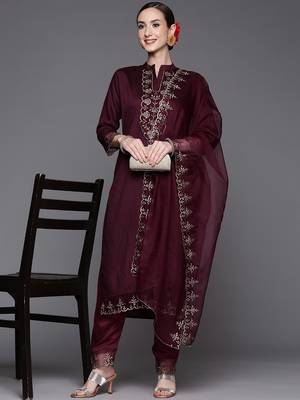 Wine Sequence Embroidered Silk Blend Fabric Kurta With Pant & Dupatta Set 1