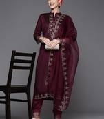 Wine Sequence Embroidered Silk Blend Fabric Kurta With Pant & Dupatta Set