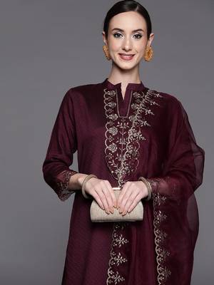 Wine Sequence Embroidered Silk Blend Fabric Kurta With Pant & Dupatta Set 2