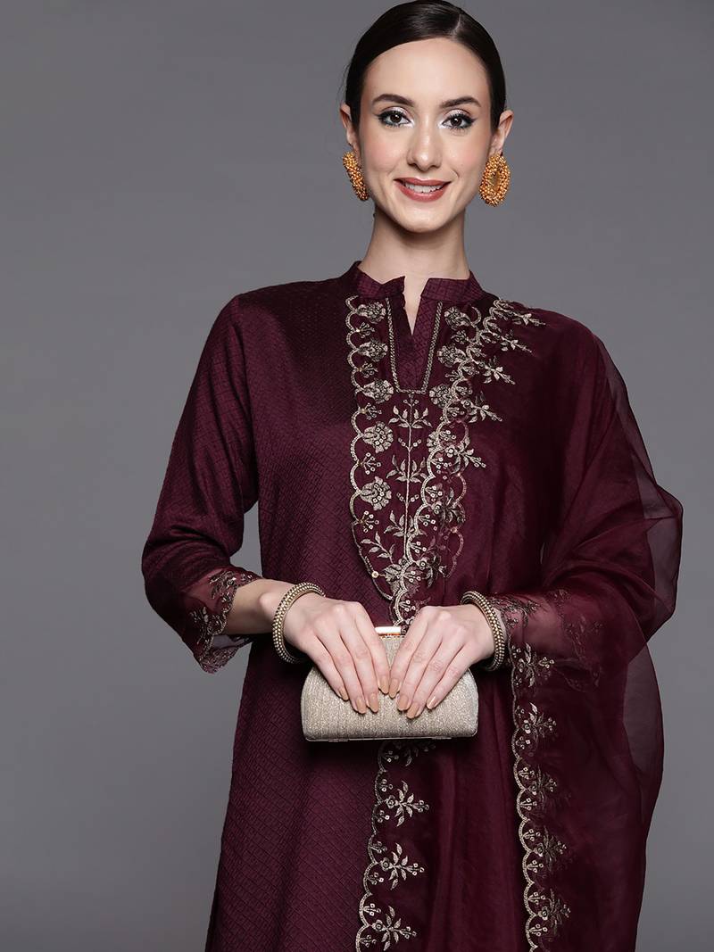 Wine Sequence Embroidered Silk Blend Fabric Kurta With Pant & Dupatta Set