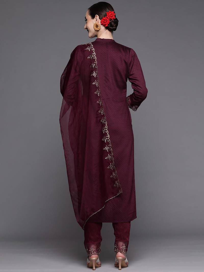 Wine Sequence Embroidered Silk Blend Fabric Kurta With Pant & Dupatta Set