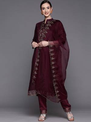Wine Sequence Embroidered Silk Blend Fabric Kurta With Pant & Dupatta Set 4