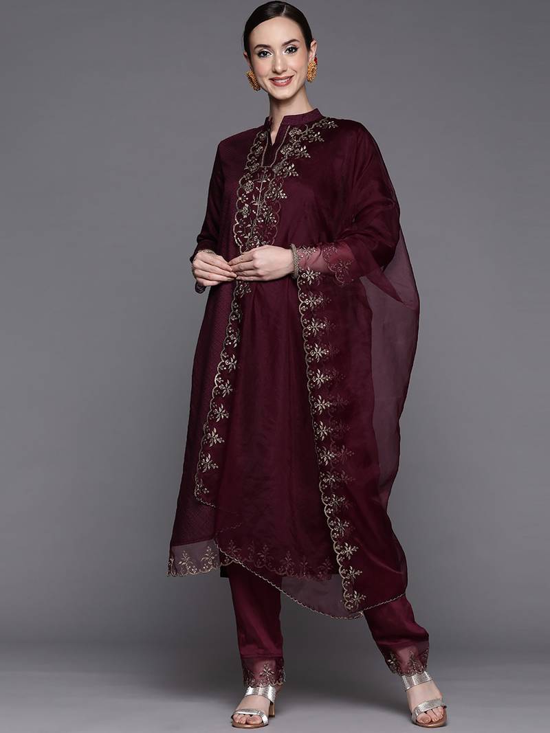 Wine Sequence Embroidered Silk Blend Fabric Kurta With Pant & Dupatta Set