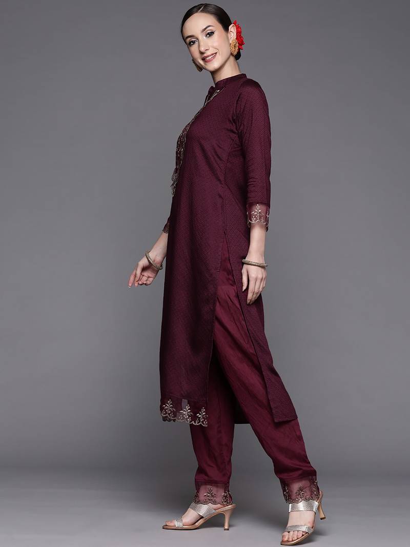 Wine Sequence Embroidered Silk Blend Fabric Kurta With Pant & Dupatta Set