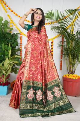 RED & GREEN BANDHANI PATOLA SAREE  2