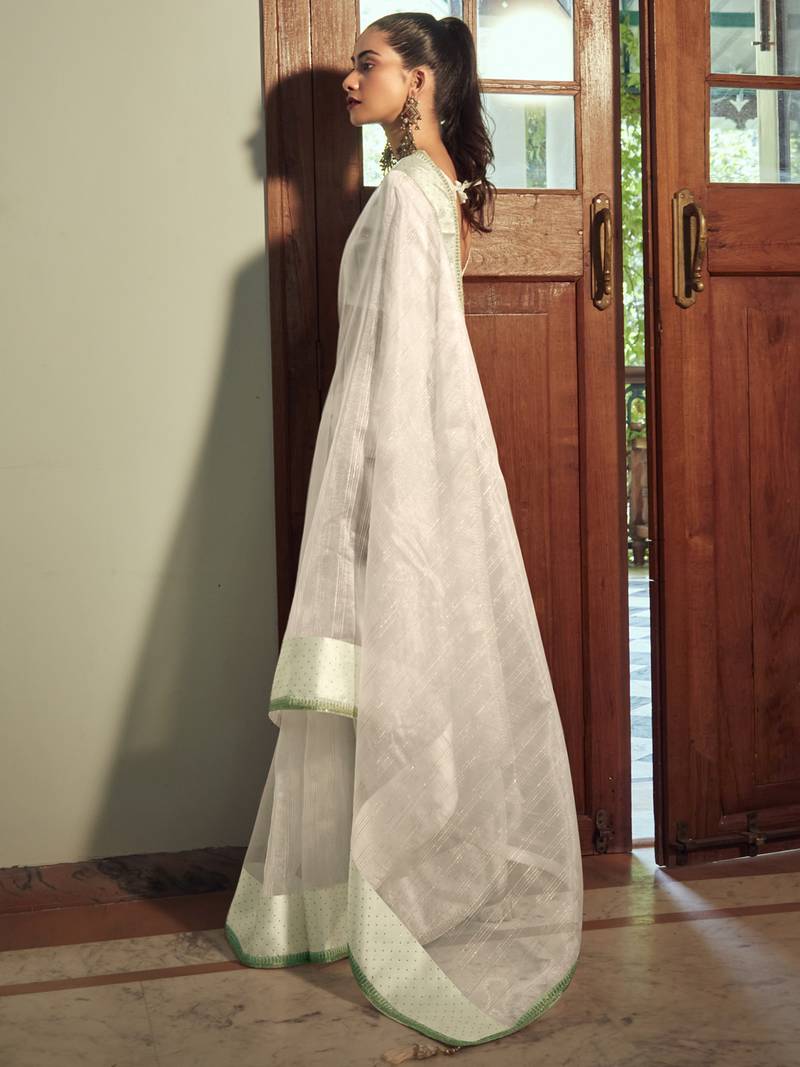Cream Organza Woven Saree