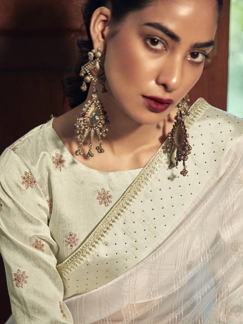 Cream Organza Woven Saree