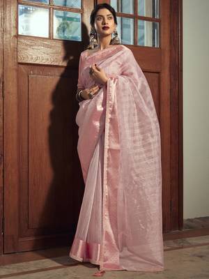 Stylee Lifestyle Pink Organza Woven Saree 1