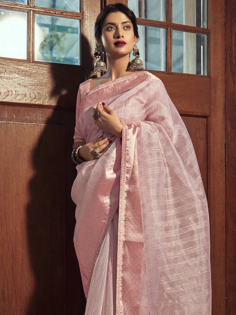 Stylee Lifestyle Pink Organza Woven Saree